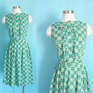1950s Green Diamond Print Harlequin Dress by Jean Roberts | 24" inch waist